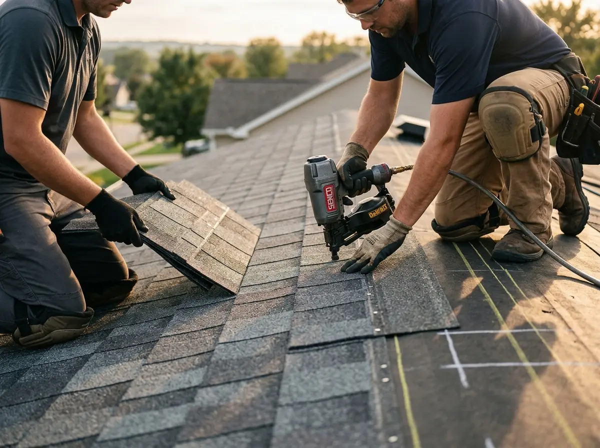 Professional roofer working on a residential roof in Spring Valley Lake